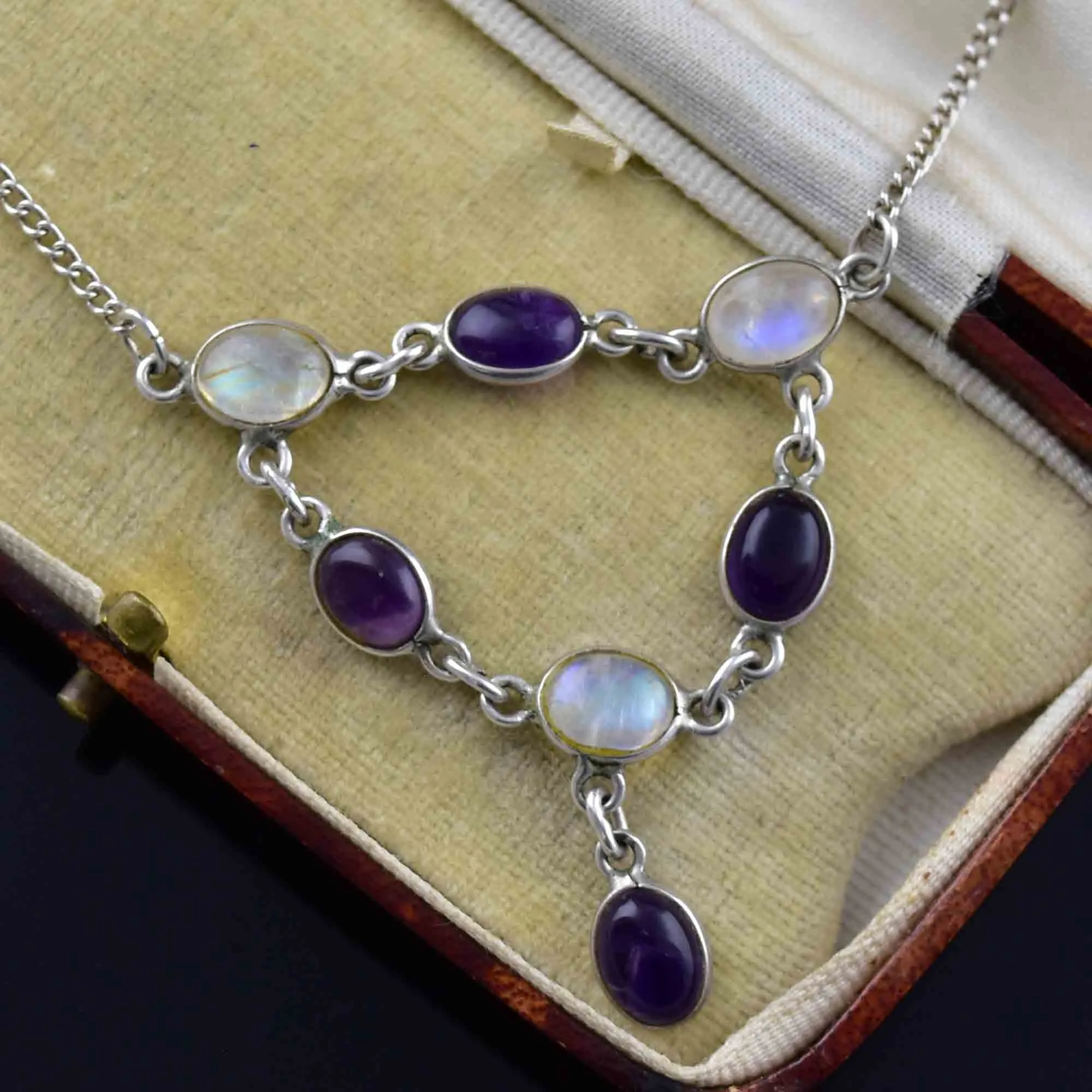 Vintage Silver Amethyst Moonstone Bib Drop Necklace