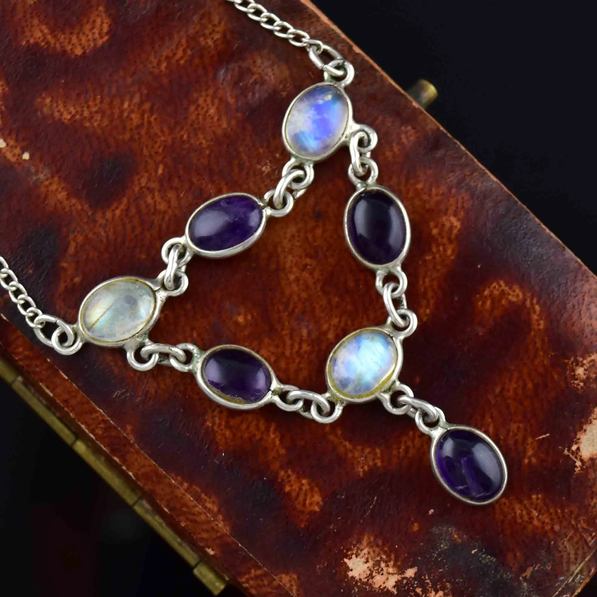 Vintage Silver Amethyst Moonstone Bib Drop Necklace