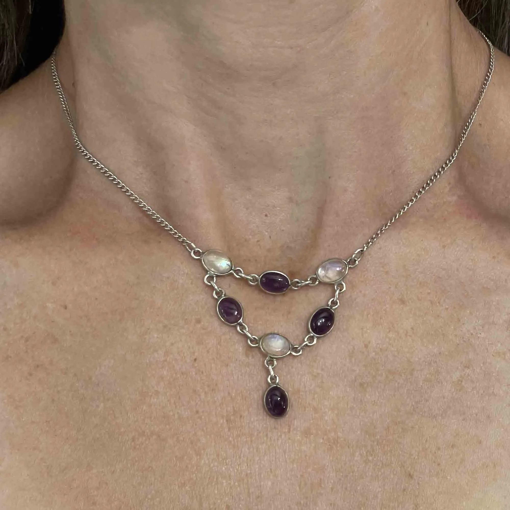 Vintage Silver Amethyst Moonstone Bib Drop Necklace