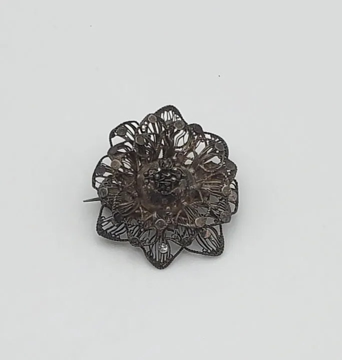 Vintage Sterling Silver Filigree Flower Brooch