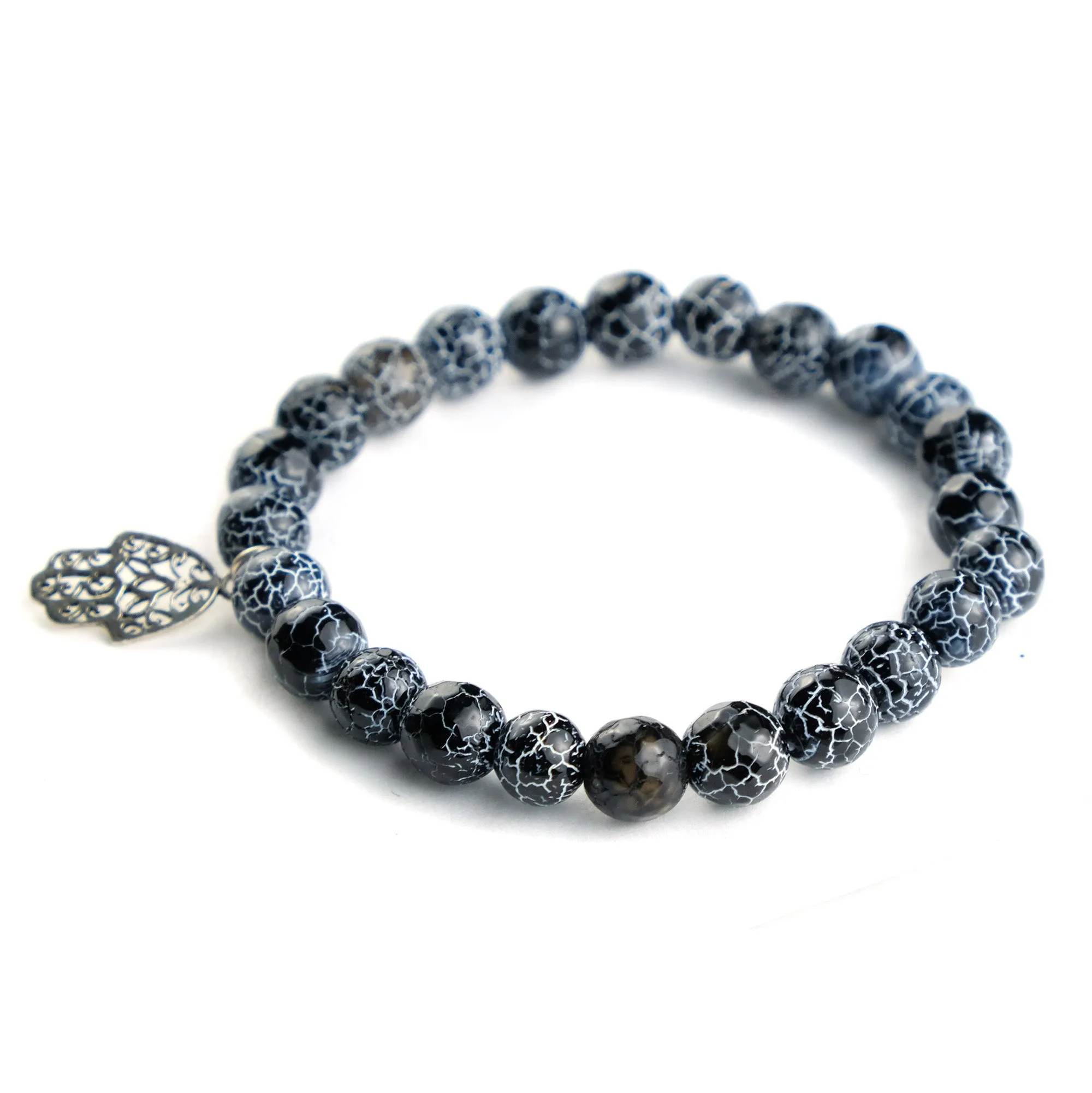 Weathered Agate Stretch Bracelet with Sterling Silver Hamsa Charm