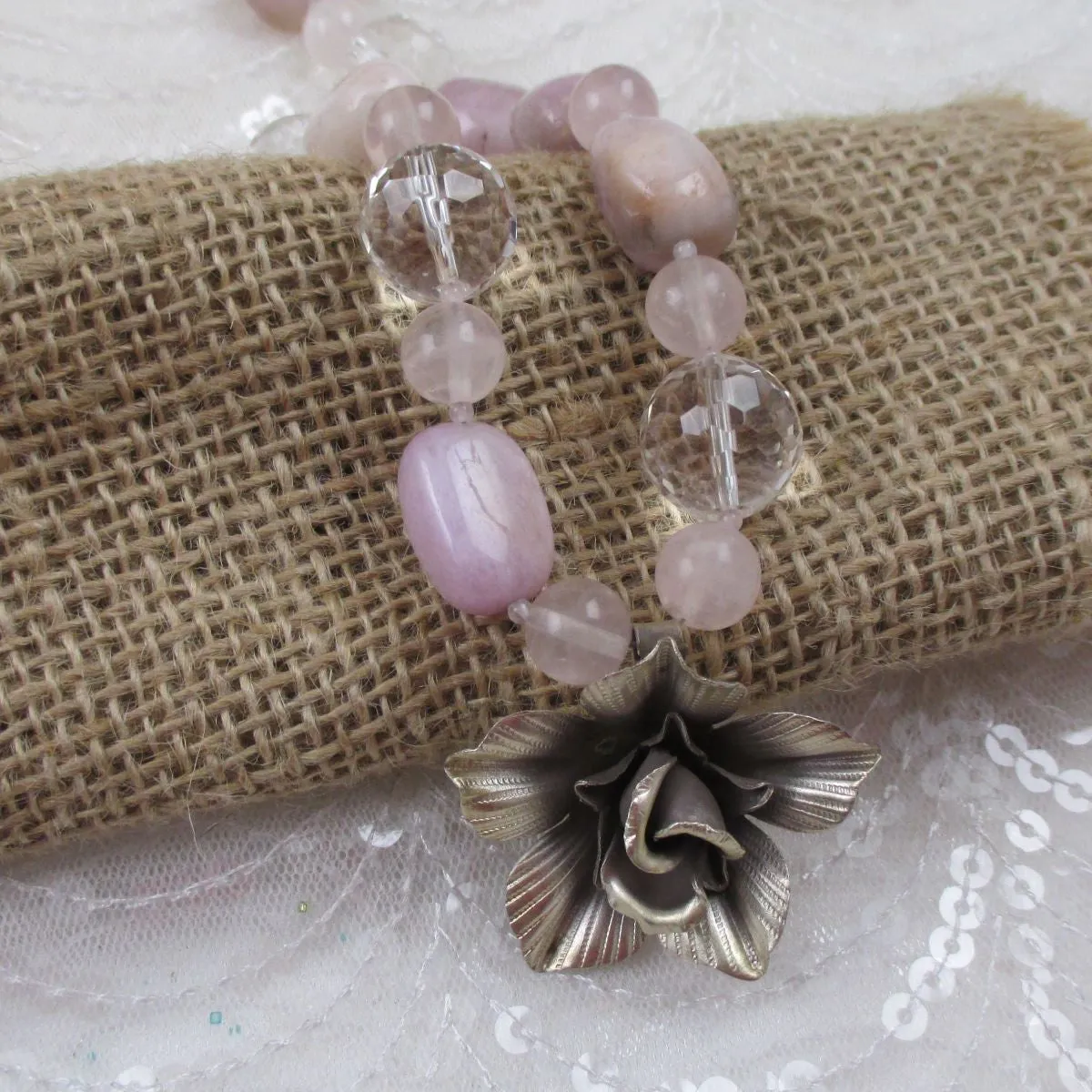 Whimsical Jasmine Flower Pink  & Rock Crystal Gemstone Bead Necklace