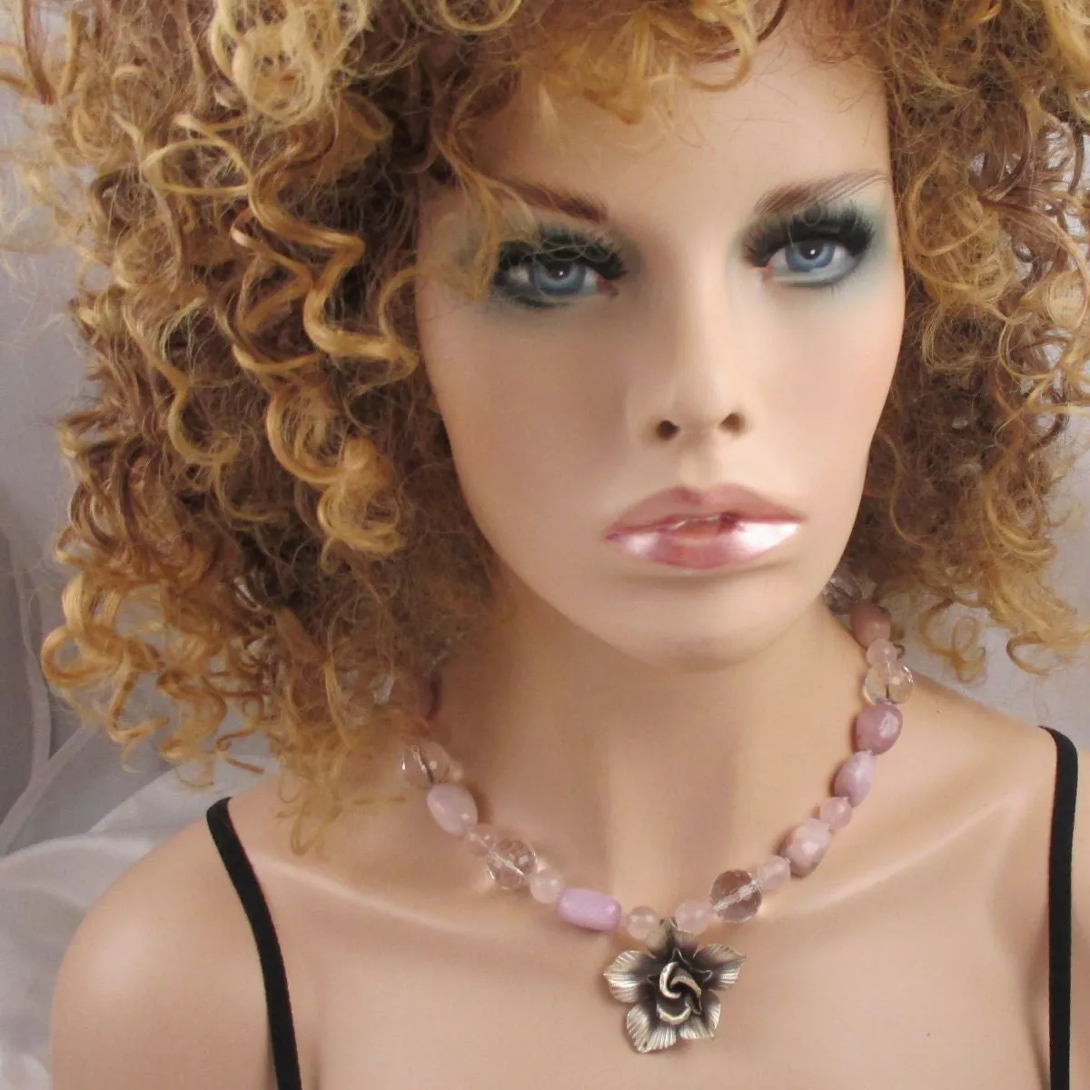 Whimsical Jasmine Flower Pink  & Rock Crystal Gemstone Bead Necklace