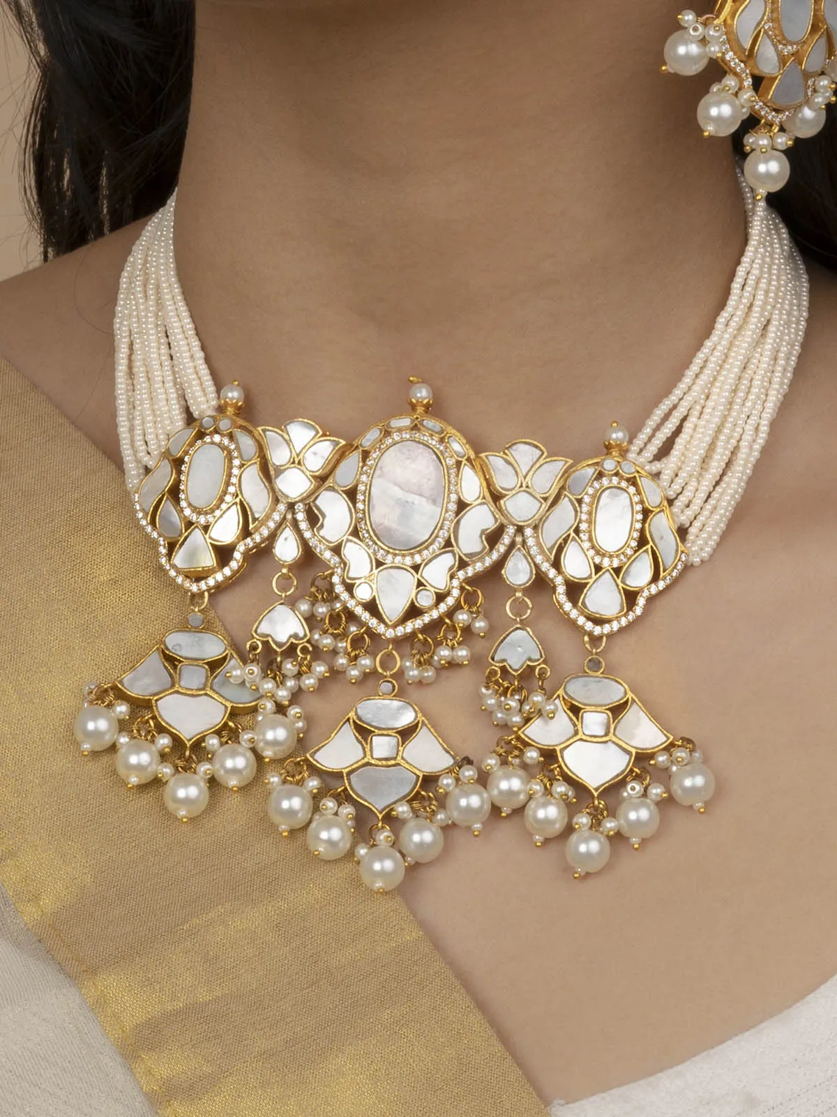 White Color Gold Plated Jadau Kundan Necklace Set - MS1987