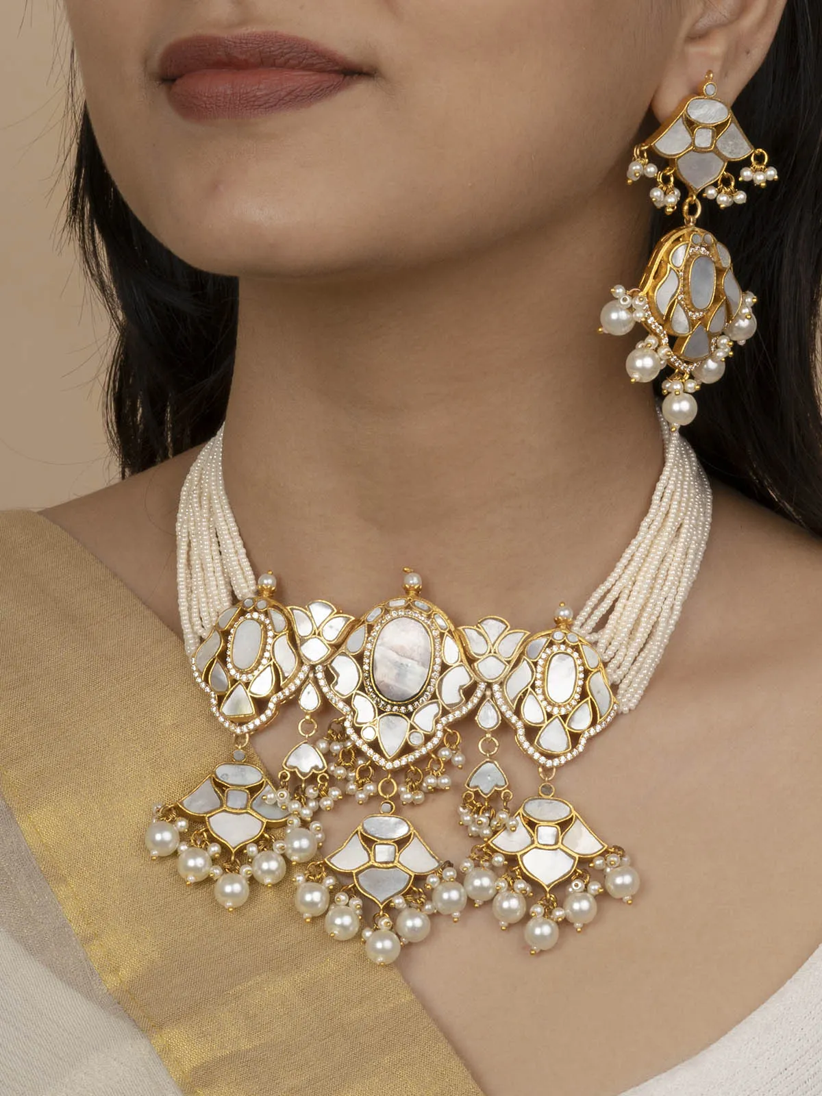 White Color Gold Plated Jadau Kundan Necklace Set - MS1987