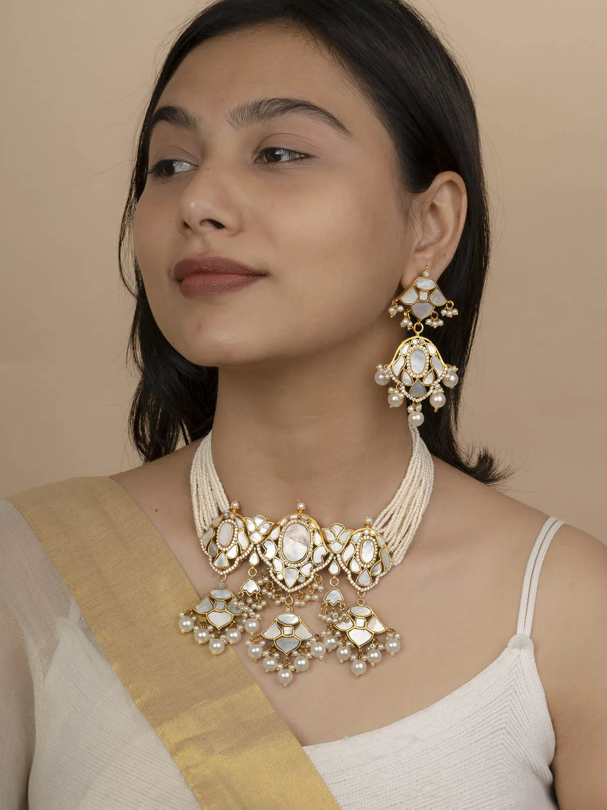 White Color Gold Plated Jadau Kundan Necklace Set - MS1987