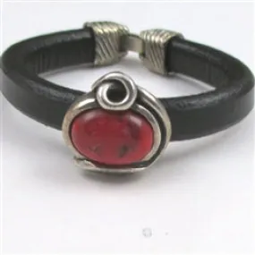 Women's Black Leather Bracelet with Red Leaf Motif Focus