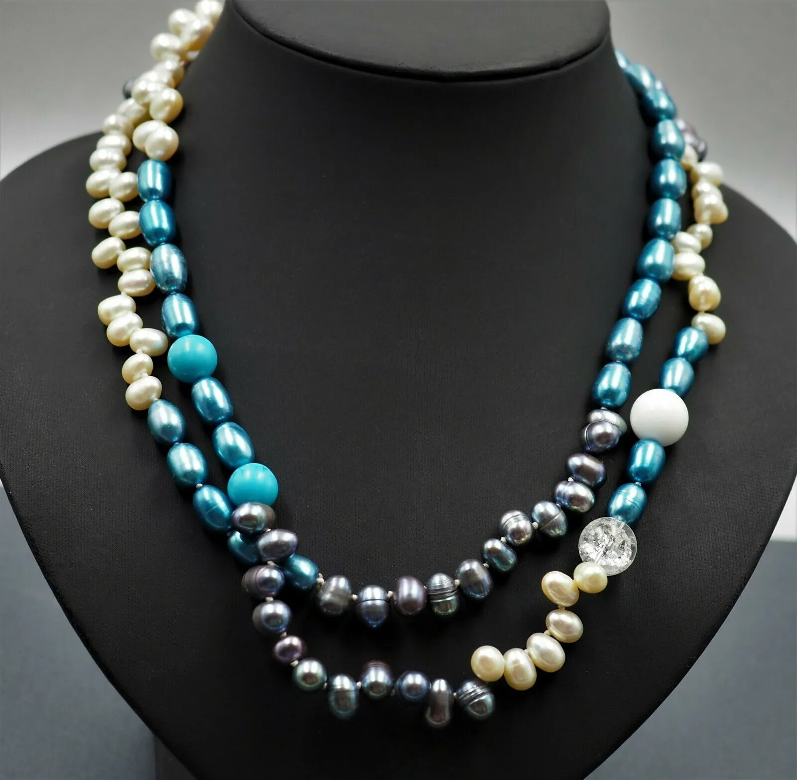 Womens Necklace Freshwater Pearls Dyed Pearls & Glass Knotted Vintage Jewellery